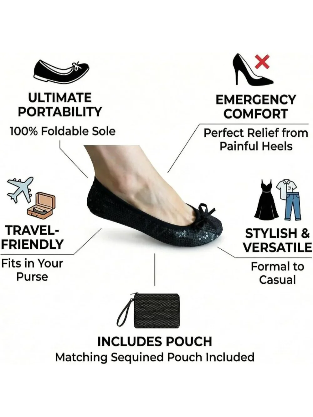 Women's Black Sequin Fit in Your Purse Round Toe Foldable Ballet Flat Shoes